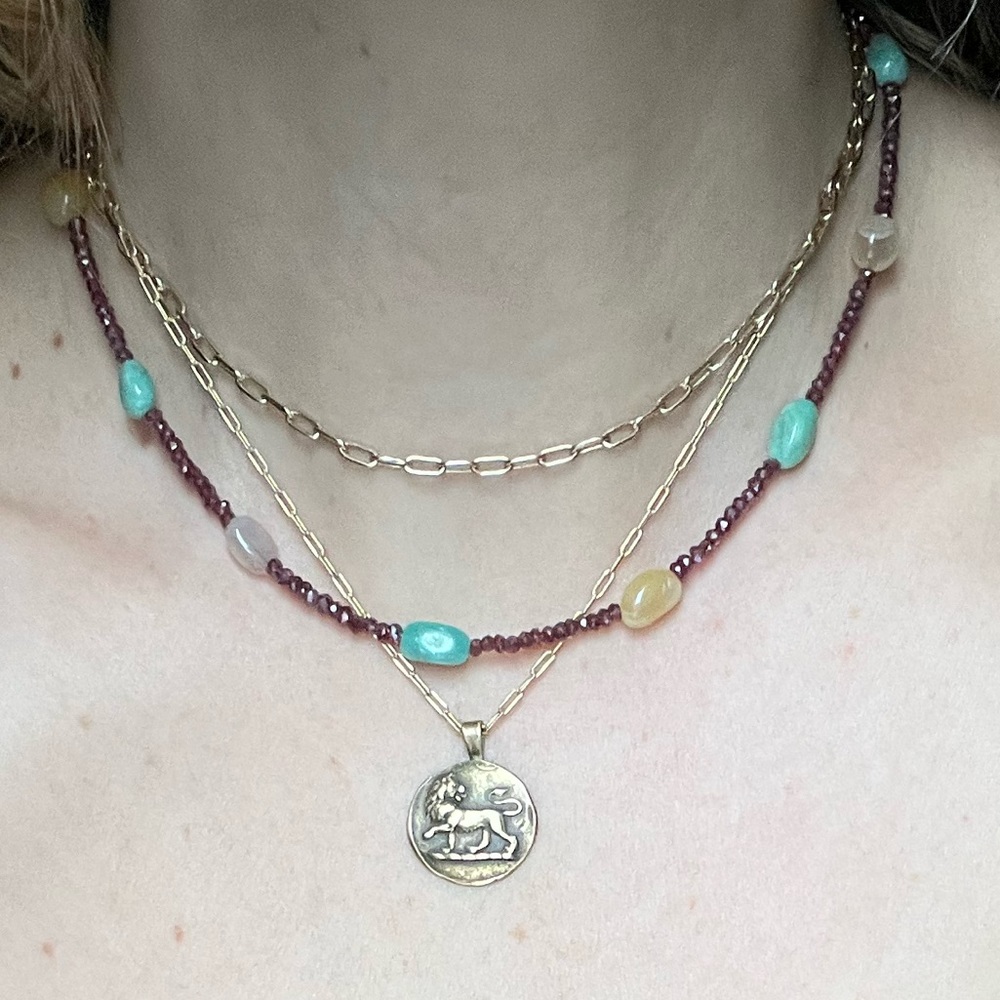 Handmade gemstone layering necklace of garnet, Amazonite and Botswana agate.